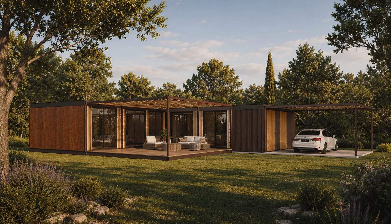 Casa modular Gotta con porche y pérgola para coche
