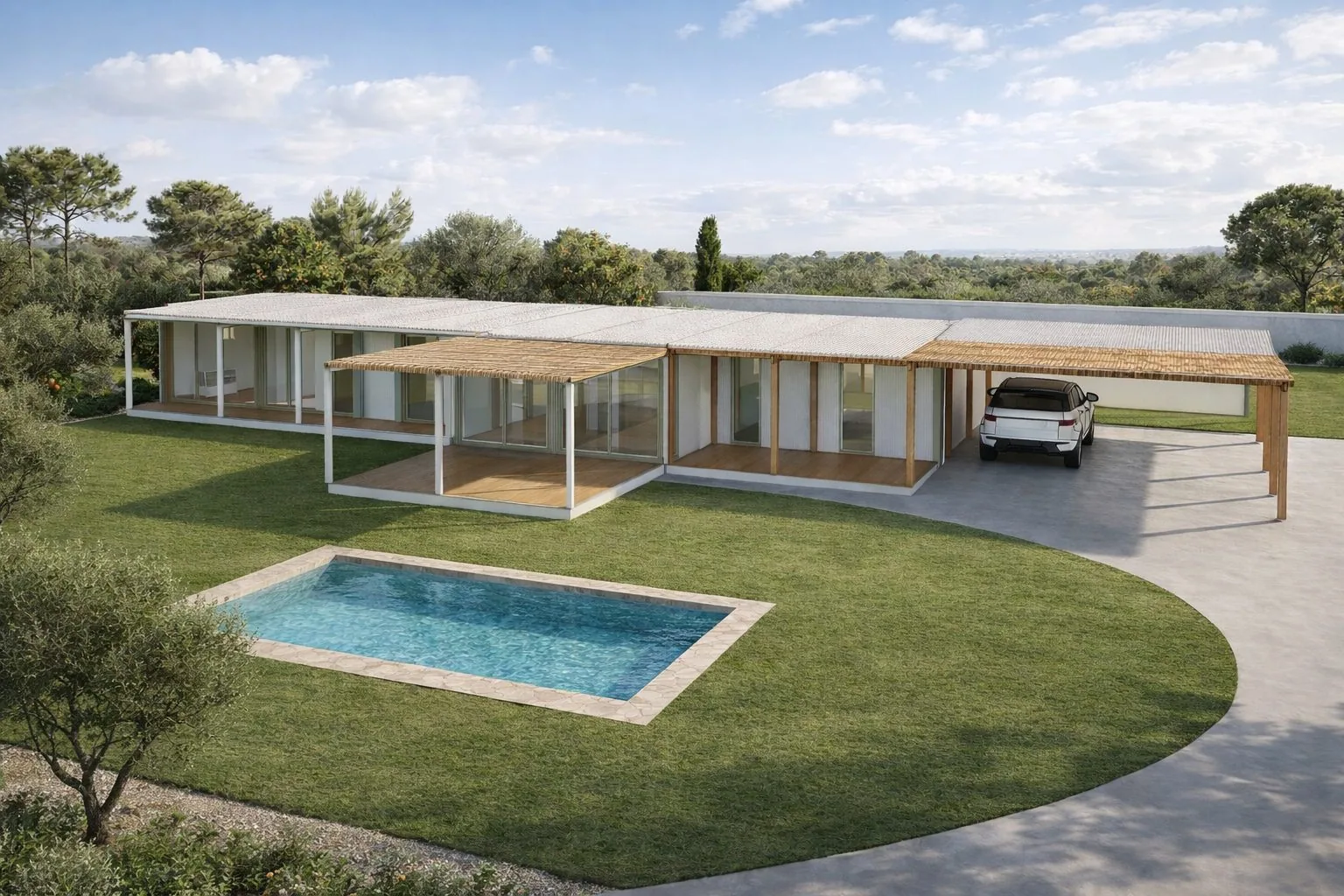 Casa modular Gotta con piscina y pérgola