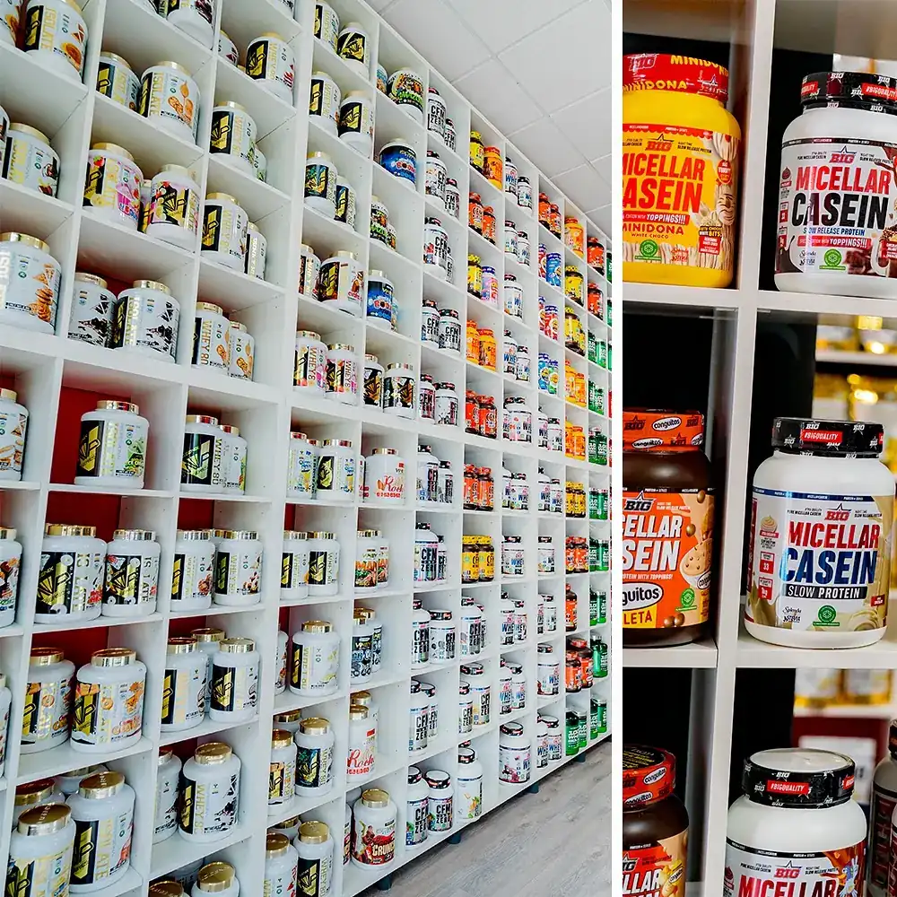 Pared de suplementos deportivos en una tienda Healthy Body Nutrition de Mallorca